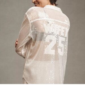 Anthropologie White Sequin 'Wifey 25' Sheer Button-Down Shirt